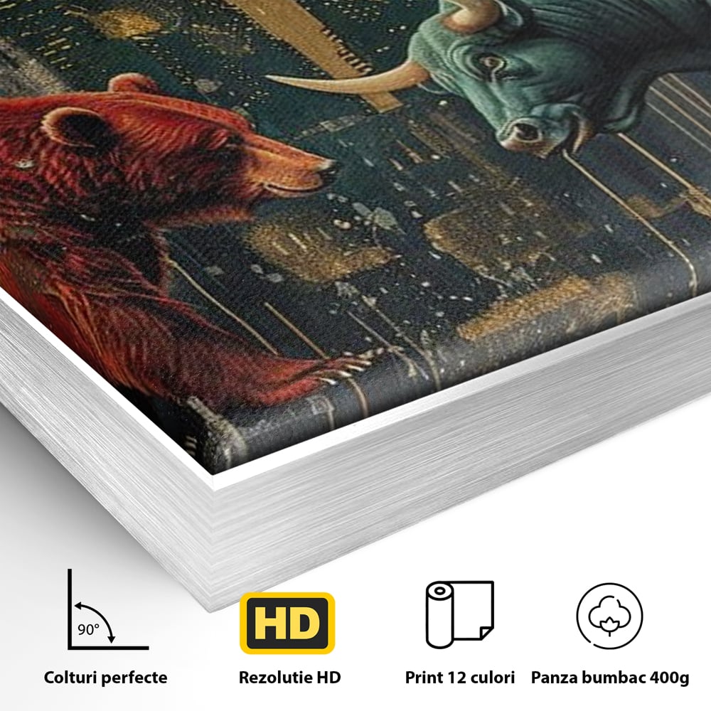 Detaliu al suprafetei: tablou canvas cu taur si urs, in rama de aluminiu argintiu